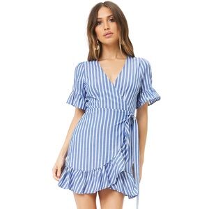 Forever21 Blue & White Striped Wrap Mini Dress Costal Cottage Core Boho Preppy